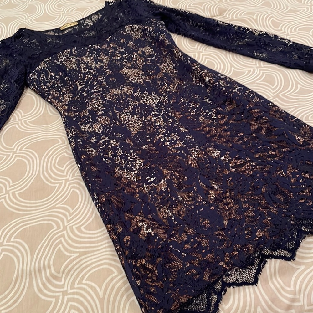 Reaction dress, black lace, over animal print, polyester blend, 8
